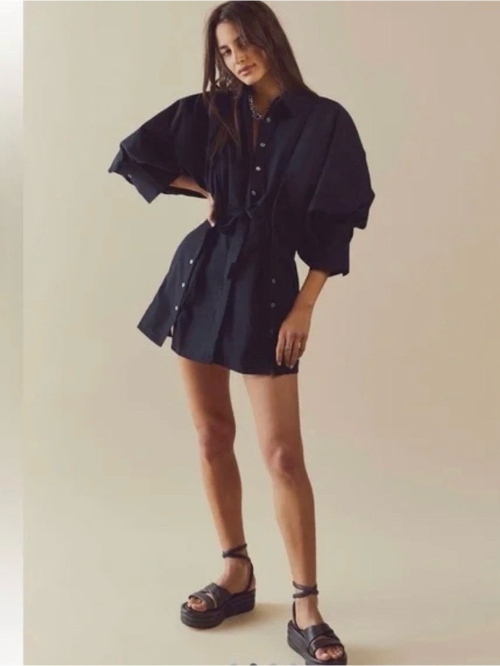 Free People Black Christi Shirt Dress Puff Sleeve Mini Button Front Tie Waist XS